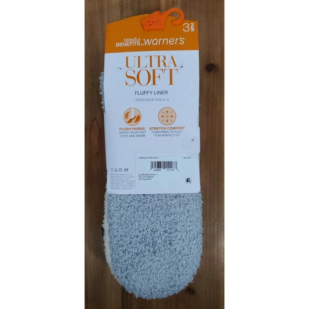Warners Socks Size 8-12 Ultra Soft Fluffy Liner BLACK CREME GREY 3-Pk Plush NEW